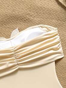 Bonvoyette 2026 New Women's Summer Beach Vacation Ruched Off-Shoulder Backless Sexy Floral & Pearl Embellished Solid Color One-Piece Swimsuit - Apricot - View 6