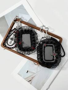 ROMWE Goth 1個Y2K哥德風黑紅配色手工串珠水晶水鑽蜘蛛愛心十字卡片不鏽鋼十字架鑰匙圈包包吊飾，女款 - 黑紅色-15 - 查看 2