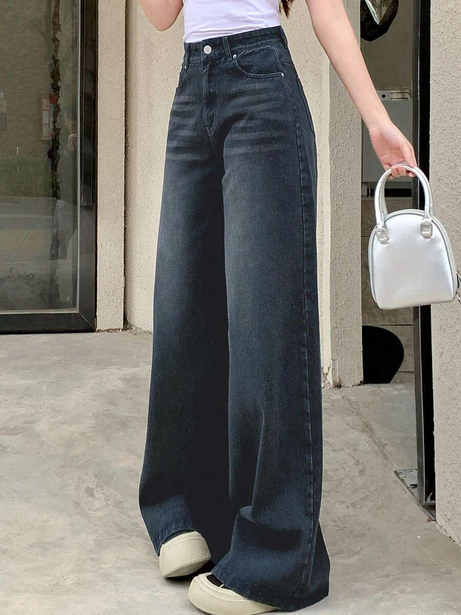 DAZY Women's Front Button Pocket Casual Wide Leg Jeans Pants Low Rise Jeans - Dark Wash - View 1