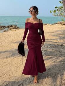DAZY Elegant Off Shoulder Pleated Midi Dress, Solid Color,Fall Clothes Long Sleeve Dress Red Women Dresses - Burgundy - View 8