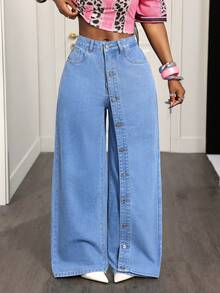 Slaydiva Celana Panjang Denim Biru Lebar Wanita Gaya Jalanan Luar Ruangan Kancing Depan Banyak Saku Modis - Medium Wash - View 9
