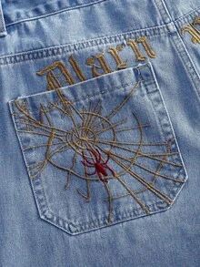 ROMWE MEN Men's Loose Fit Denim Shorts With Spider Embroidery Pattern - Baby Blue - View 5
