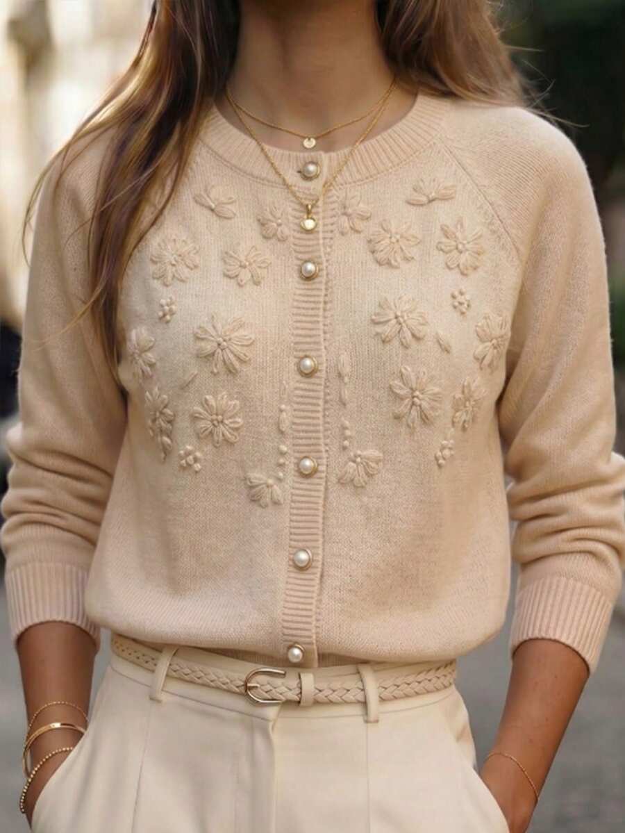 SHEIN Commuter Casual Versatile Gentle Style Pearl Button Embroidered Knit Cardigan Winter Women Loose Soft Long Sleeve Going Out Tops Classy Tops For Women