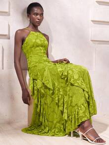 Aveloria Modichic French Elegant Elegant Vacation Date Chiffon Spaghetti Strap Round Neck Cinched Waist Vertical Split Design Patchwork Ruffle Hem Slimming Fitted Sleeveless Long Dress For Women - Green - View 4