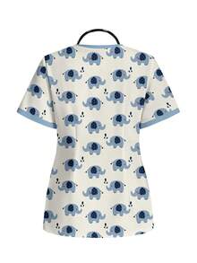 PopScrub Casual Minimalist Scrub Uniform Top, Cute Elephant Print Pattern, Pet Hospital - Multicolor - View 2