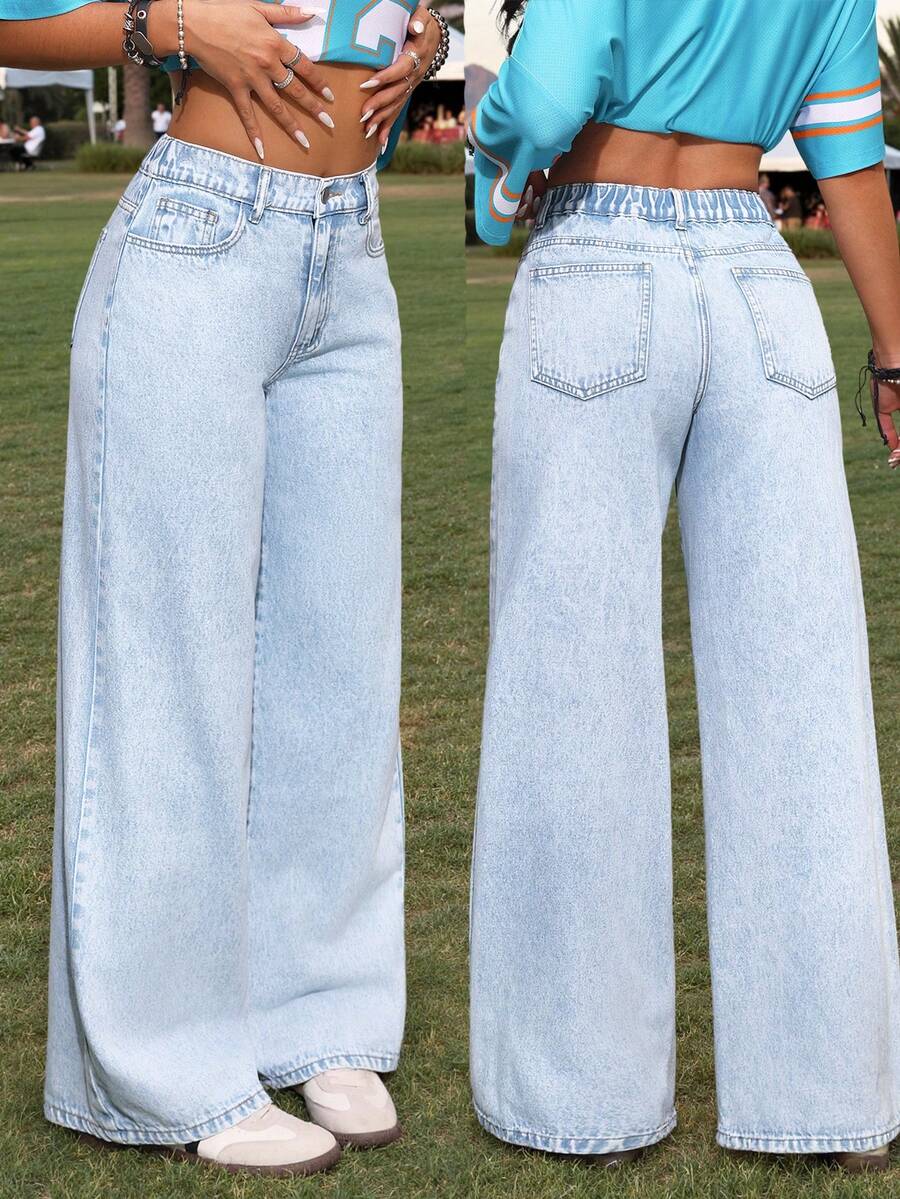 SHEIN PETITE Women's Pocketed Wide Leg Loose Casual Versatile Jeans - Light Wash - View 1