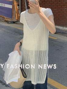 DAZY Women's Solid Color Casual Korean Style Knit Top Summer School - White - View 4