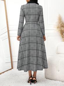 SHEIN Lady Women's Houndstooth Double-Breasted Long Sleeve Pocket Midi Dress - Multicolor - View 2