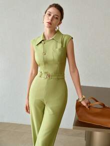 MOTF PREMIUM COLLARED HALF BUTTON SLEEVELESS JUMPSUIT - Green - View 3