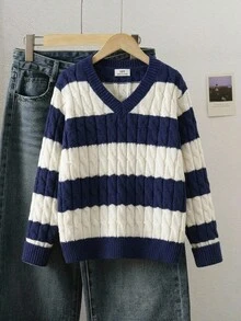SHEIN 青少年女孩藍白條紋粗針編織繩飾V領長袖毛衣，適合搭配外套、牛仔褲和裙子 - 藍白色 - 查看 11