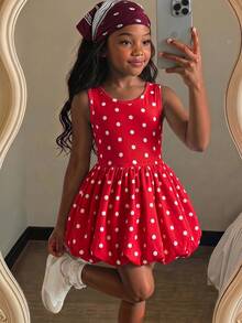 SHEIN Young Girl Cute Summer Pink Knit Patchwork Hollow Out Sleeveless Dress With Bow - Red - View 3