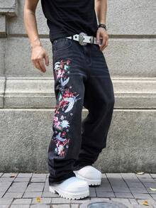 Manfinity EMRG Men's Embroidered Wide Leg Denim Pants - Dark Grey - View 4