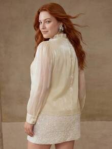 MOTF PREMIUM Blusa elegante con cuello de volantes y cuentas para mujer de talla grande - Albaricoque - Ver 5