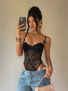 Aloruh Sexy Elegant Lace Mesh Patchwork Bodysuit Night Out Date Night Club Black Summer - Black - View 3