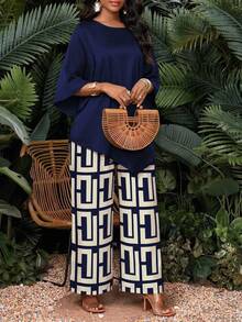 SHEIN Lady Women's Solid Color Round Neck Long Sleeve Top And Wide Leg Pants Casual Elegant Daily 2 Pieces Set Dinner Navy Blue Autumn - Multicolor - View 4