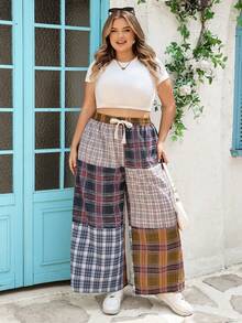 SHEIN CURVE+ Plus Size Plaid Patchwork Retro Style Pants Fall - Multicolor - View 7