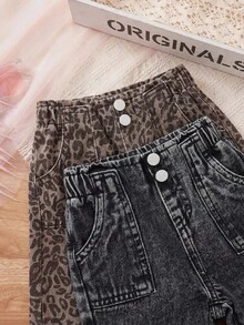 SHEIN 2件組女嬰俏皮可愛柔軟豹紋與黑色丹寧寬鬆鬆垮牛仔褲，秋冬開學季 - 彩色 - 查看 9