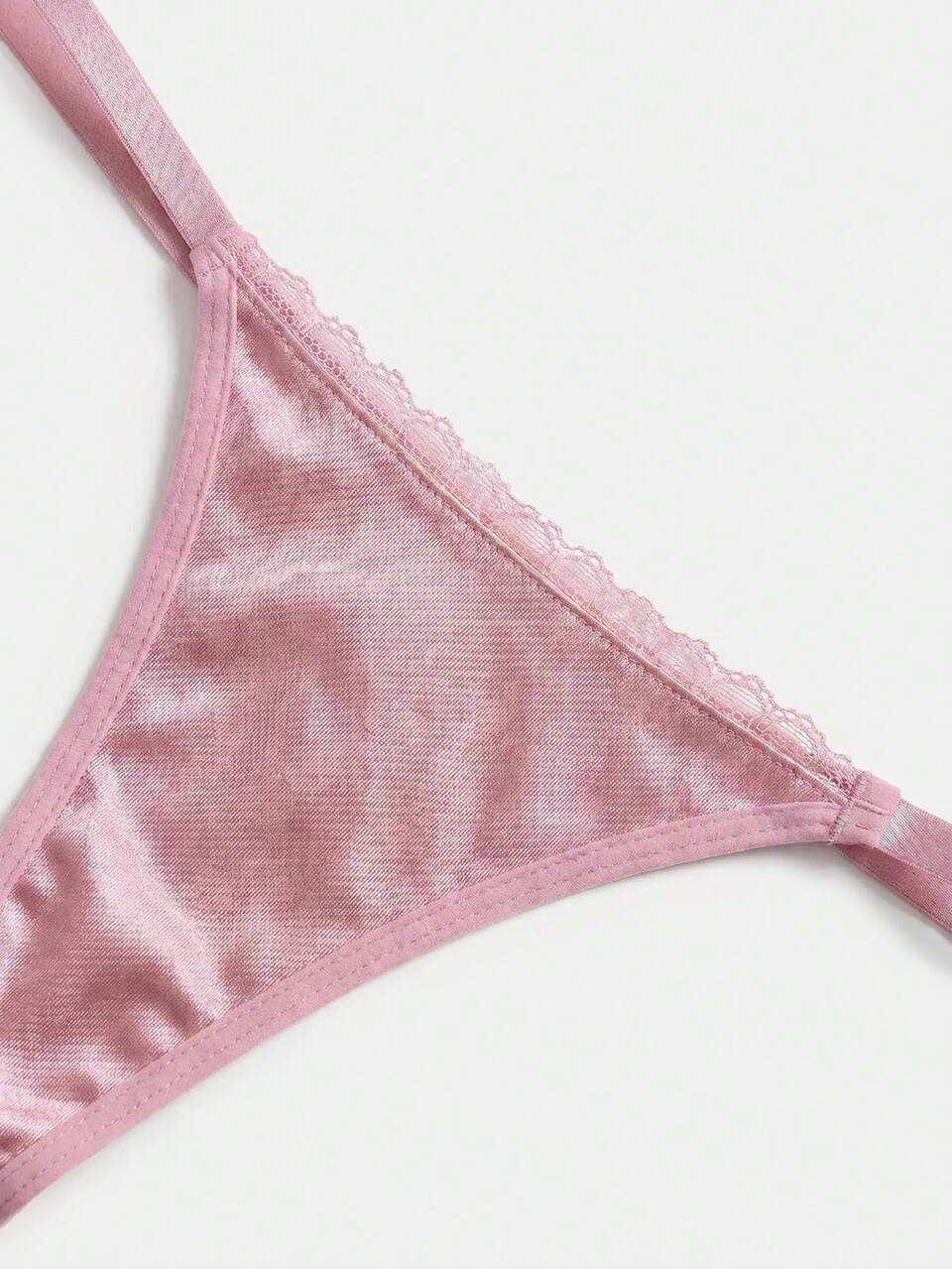 Pink Satin And Lace Triangle Bra With Matching Thong, Sexy Pink Lace Scallop Trim Details Romantic Lingerie Set