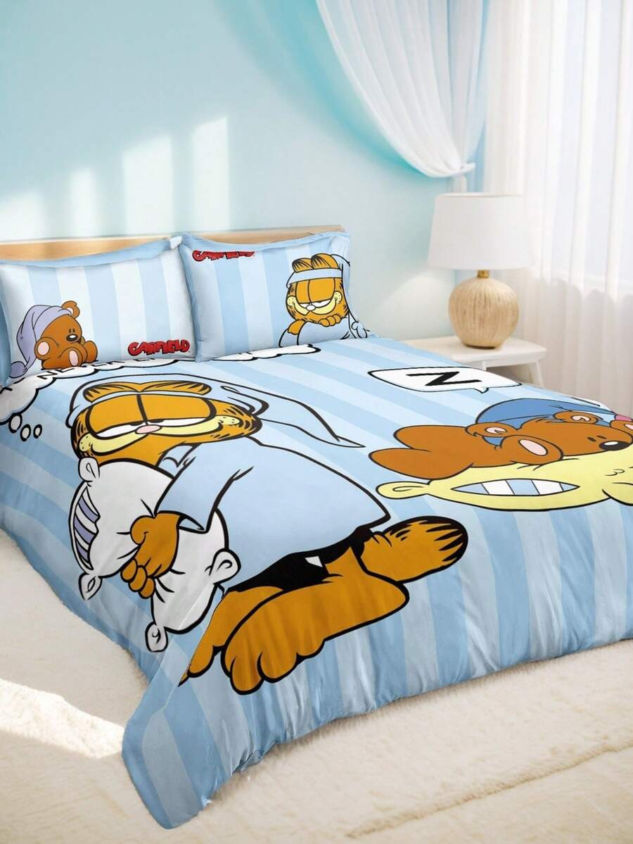 GARFIELD | SHEIN 3件組條紋印花睡衣被套組,磨毛材質,柔軟保暖,多尺寸可選,適用單人床/雙人床/加大床/特大床,可機洗 - 彩色 - 查看 1