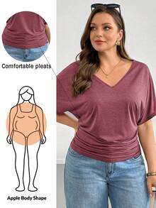 Shapeblank Plus Size Women Solid Color V-Neck Pleated Casual Versatile Daily Wear T-Shirt Club Formal Dark Purple Summer - Burgundy - View 2