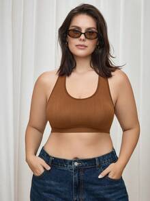 Bralution Brown High Elasticity Padded High Coverage Textured Back-Flattering Wearable Sports Casual Plus Size Women's Sports Bra - Brown - View 4
