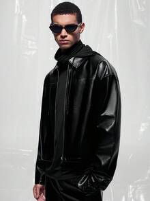 IRON GLYPH Men's Cropped Long Sleeve Leather Jacket Zip Ups Men Motorcycle Jackets Black Crop For Up Techwear Fall Winter - Black - View 6