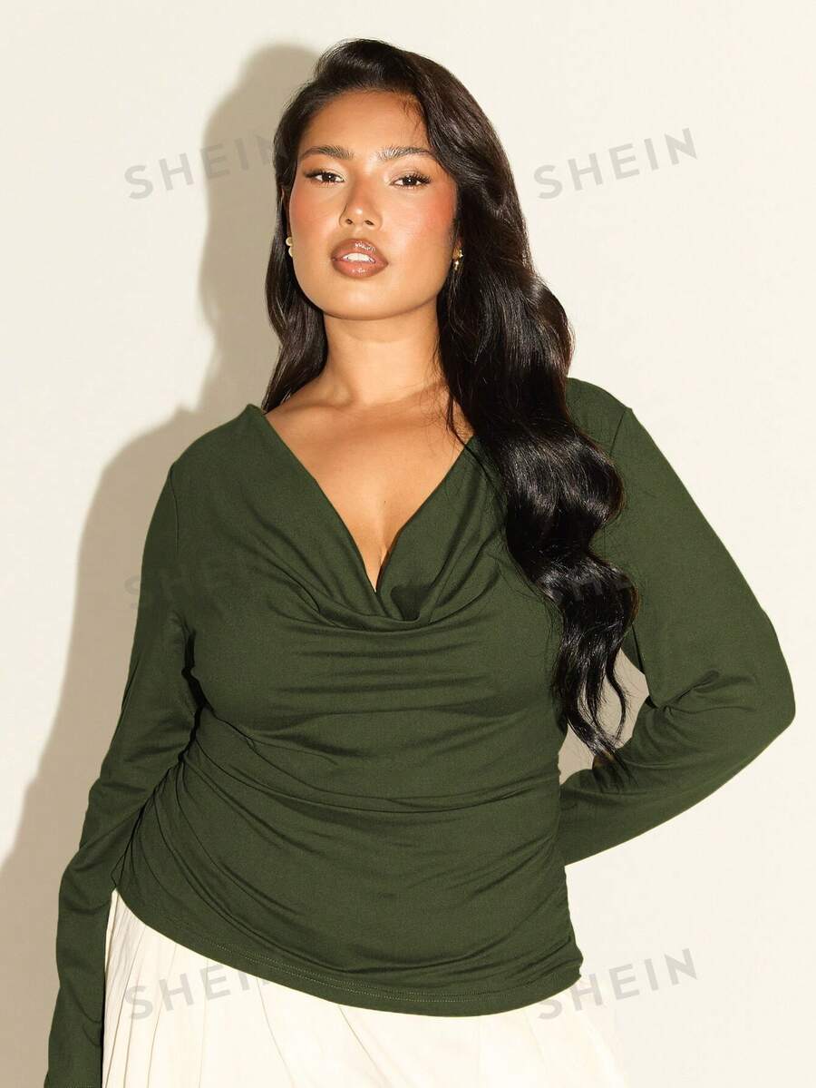 FASHION SZN Plus Size Women's Solid Color Cowl Neck Pleated Long Sleeve Versatile Top Fall - Dark Green - View 1