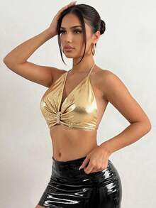 SomedayCozy Women's Metallic Sequin Patchwork Crop Top, Suitable For Halloween, Stage Performance, Evening Party Summer - Gold - View 4