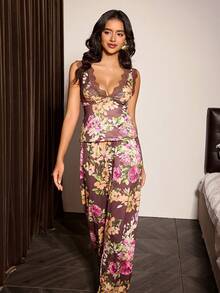Slumberist Romantic Rose Print Lace Decor Deep V-Neck Backless Sleeveless Tank Top And Long Pants Women's Pajama Set - Multicolor - View 1