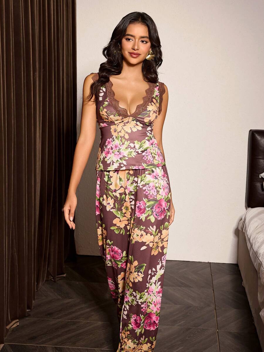 Slumberist Romantic Rose Print Lace Decor Deep V-Neck Backless Sleeveless Tank Top And Long Pants Women's Pajama Set - Multicolor - View 1