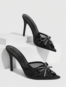 CUCCOO SZL Women Shoes Black Satin Mesh Stitching Bow Rhinestone Elements Fashion Elegance Temperament Pointed High Heel Sandals - Black satin - View 2
