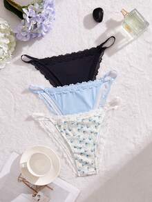 SHEIN 3件組蕾絲拼接花卉印花女款三角內褲 - 彩色 - 查看 1