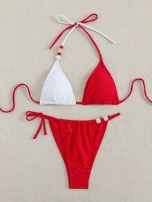 Swim SXY Women's Summer Beach Party Vacation Sexy Red And White Red Bikini Set, Solid Color Halter Neck Patchwork Top, Side Tie Bikini Bottom Set - Red and White - View 2