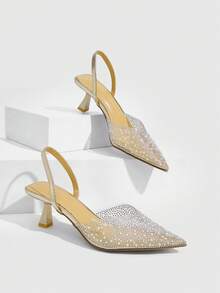 CUCCOO SZL Fashionable Women's Rhinestone Embellished Pointed Toe Pumps With Ankle Strap - Gold - View 1