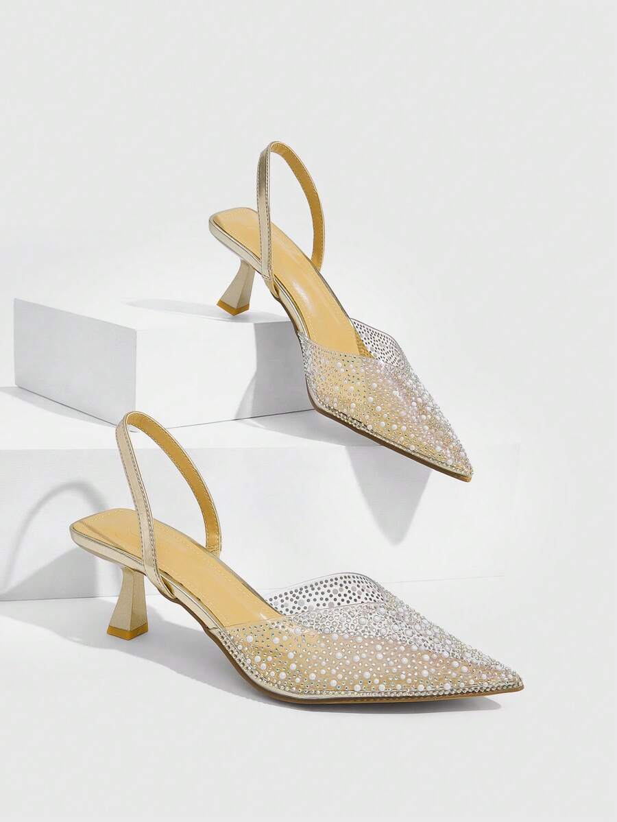 CUCCOO SZL Fashionable Women's Rhinestone Embellished Pointed Toe Pumps With Ankle Strap - Gold - View 1