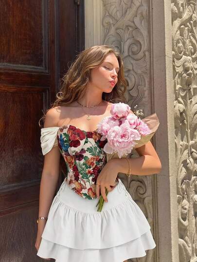 SHEIN MOD Women Flower Off Shoulder Short Sleeve Short White Sweet Elegant Corset Top Going Out Party Festival Fall Autumn Outfit For Women