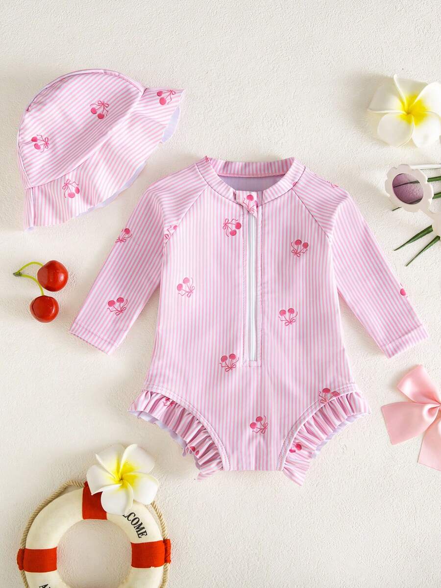 SHEIN Newborn Striped Cherry Print One-Piece Swimsuit - Baby Pink - View 1