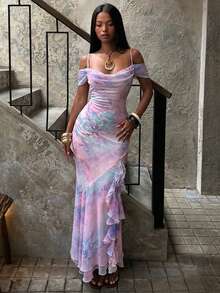SHEIN BAE Spring/Summer Solid Light Pink Floral Gradient Print Women's Rhinestone Vintage Retro Elegant Romantic Maxi Dress Vacation - Pink - View 4