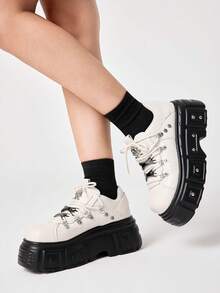 ROMWE Grunge Punk Women Heeled Sandals2026 New Fashion Spring And Autumn Punk Style Dark PU Round Toe Thick Sole Heightening Niche Design Rivet Skull Head Lace-Up Shoes Y2K - Beige - View 2