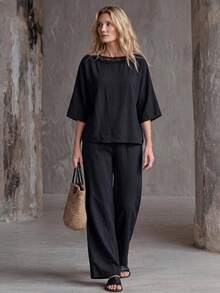Faunlyn Women's Vacation Casual Basic Solid Color Shirt Pants 2 Pieces Set Cotton-Lin Brunch Black Summer - Black - View 4
