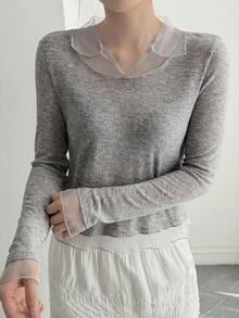 DAZY Kaos Wanita 2 In 1 Motif Jala dan Patchwork, Lengan Panjang, Cocok untuk Kencan Musim Gugur, Warna Abu-abu, Kasual dan Elegan - Grey - View 2