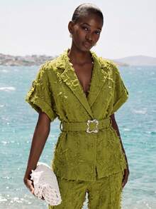 Aveloria Modichic Summer/Autumn Premium Olive Green Runway Style 3D Tassel Cut Fabric Set, Mature Minimalist Style, Loose Fit Blazer With Dropped Shoulders, Lapel Short Sleeve Top, Cinched Waist With Metal Buckle Belt Design, Loose Straight Leg Pants, Versatile For Commute, Daily Wear, Office, Vacation - Army Green - View 5