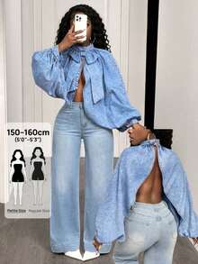 SHEIN PETITE Women's Batwing Long Sleeve Bow Decor Split Design Denim Top - Light Wash - View 1