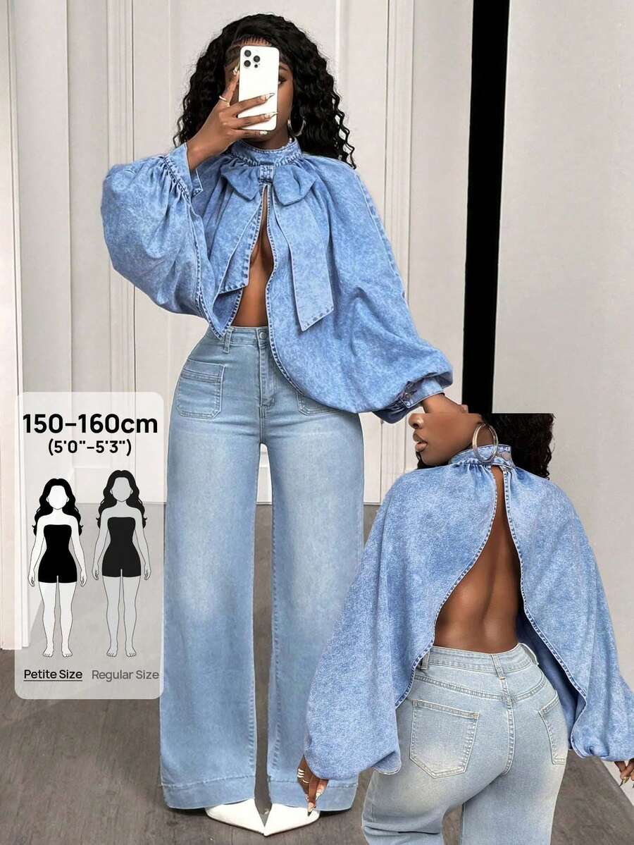 SHEIN PETITE Women's Batwing Long Sleeve Bow Decor Split Design Denim Top - Light Wash - View 1