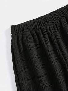 SHEIN 青少年女孩休閒百搭基本款通勤舒適荷葉邊鈕扣兩件式褲裝套裝，杏色，居家運動度假街頭派對約會購物大學開學適用 - 黑色 - 查看 6