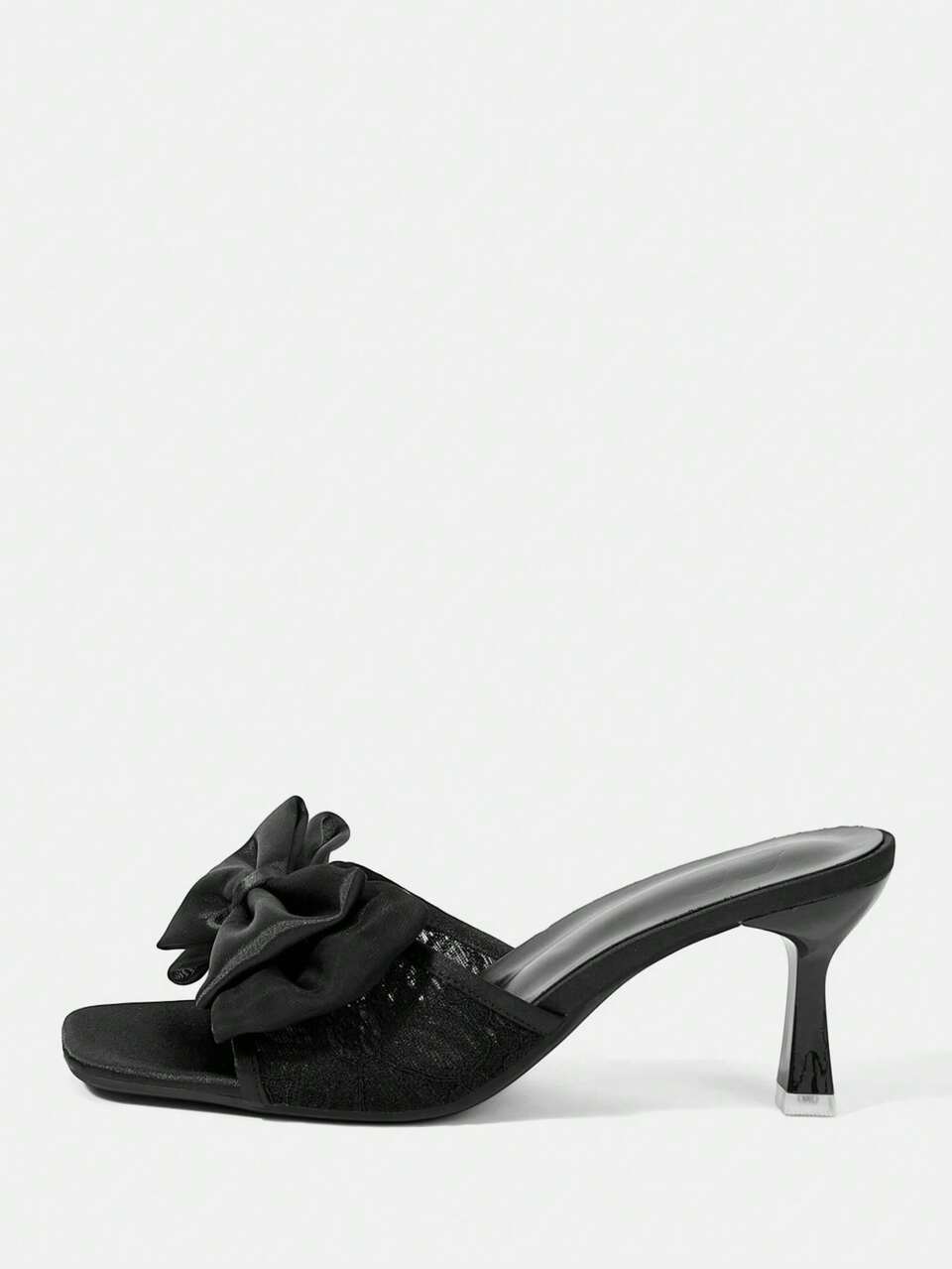 CUCCOO HITCHD Black Lace Satin Spliced Sandals, Big Bow Square Toe High Heel Elegant Wearing Slippers