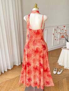 CovetEZ Plus Size Women's Elegant Floral Print Cowl Neck Spaghetti Strap Dress - Orange - View 2