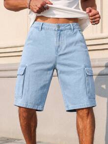 Manfinity Homme 男士街頭風休閒多口袋工裝藍色牛仔短褲 - 中等水洗藍 - 查看 7