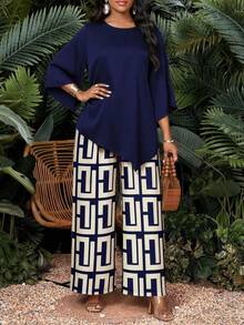 SHEIN Lady Women's Solid Color Round Neck Long Sleeve Top And Wide Leg Pants Casual Elegant Daily 2 Pieces Set Dinner Navy Blue Autumn - Multicolor - View 1