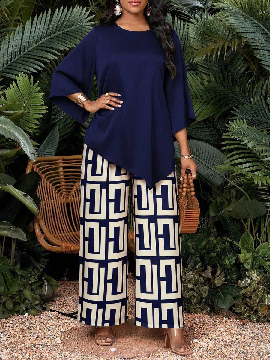 SHEIN Lady Women's Solid Color Round Neck Long Sleeve Top And Wide Leg Pants Casual Elegant Daily 2 Pieces Set Dinner Navy Blue Autumn - Multicolor - View 1